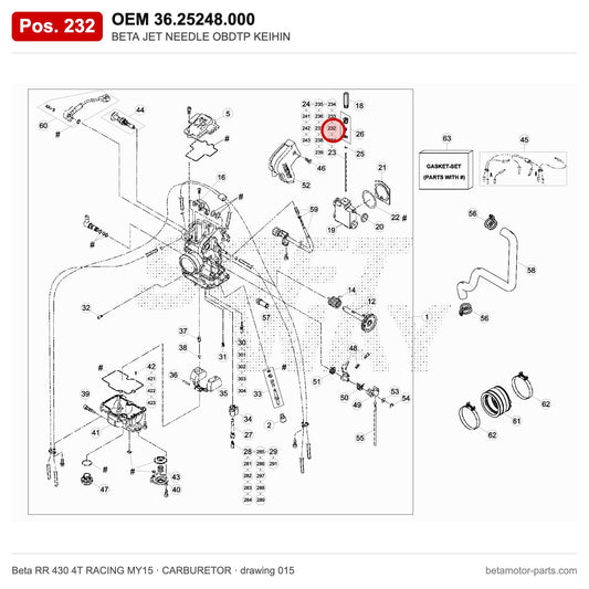 BETA JET NEEDLE OBDTP KEIHIN – OEM 36.25248.000, position 232 on the Beta RR 430 4T RACING MY15 carburetor drawing