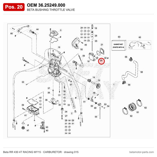 BETA BUSHING THROTTLE VALVE – OEM 36.25249.000, position 20 on the Beta RR 430 4T RACING MY15 carburetor drawing