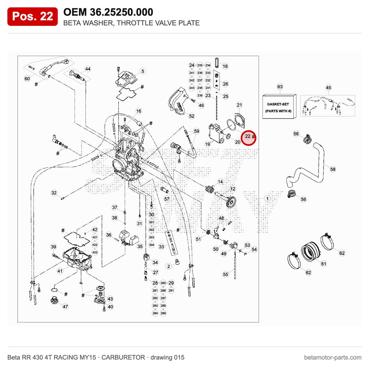 BETA WASHER, THROTTLE VALVE PLATE – OEM 36.25250.000, position 22 on the Beta RR 430 4T RACING MY15 carburetor drawing