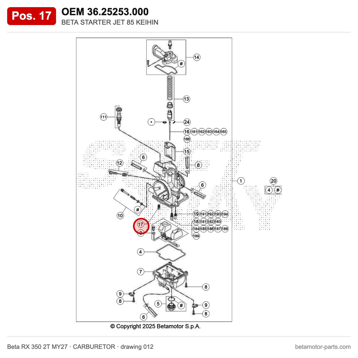 BETA STARTER JET 85 KEIHIN – OEM 36.25253.000, position 17 on the Beta RX 350 2T MY27 carburetor drawing
