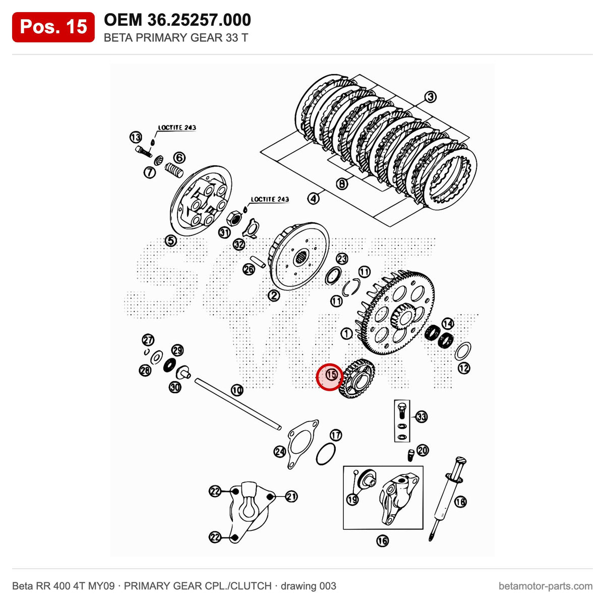 BETA PRIMARY GEAR 33 T – OEM 36.25257.000, position 15 on the Beta RR 400 4T MY09 primary gear cpl./clutch drawing