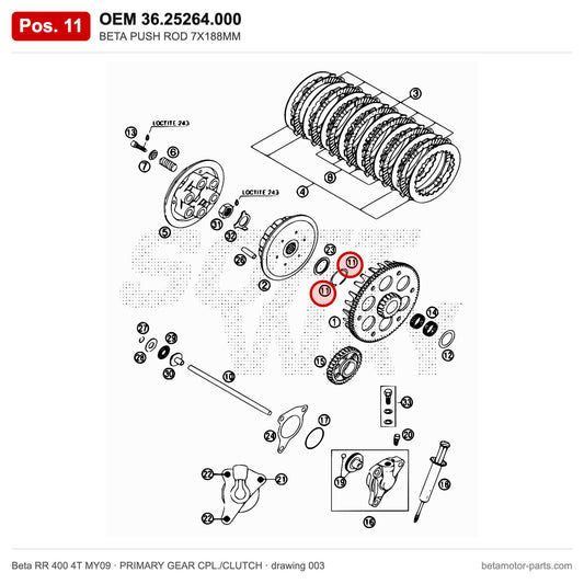 BETA PUSH ROD 7X188MM – OEM 36.25264.000, position 11 on the Beta RR 400 4T MY09 primary gear cpl./clutch drawing