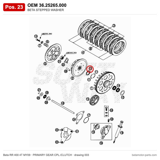 BETA STEPPED WASHER – OEM 36.25265.000, position 23 on the Beta RR 400 4T MY09 primary gear cpl./clutch drawing