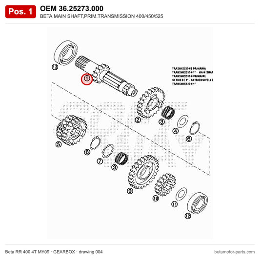 BETA MAIN SHAFT,PRIM.TRANSMISSION 400/450/525 – OEM 36.25273.000, position 1 on the Beta RR 400 4T MY09 gearbox drawing
