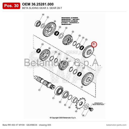 BETA SLIDING GEAR 3. GEAR 28-T – OEM 36.25281.000, position 30 on the Beta RR 400 4T MY09 gearbox drawing