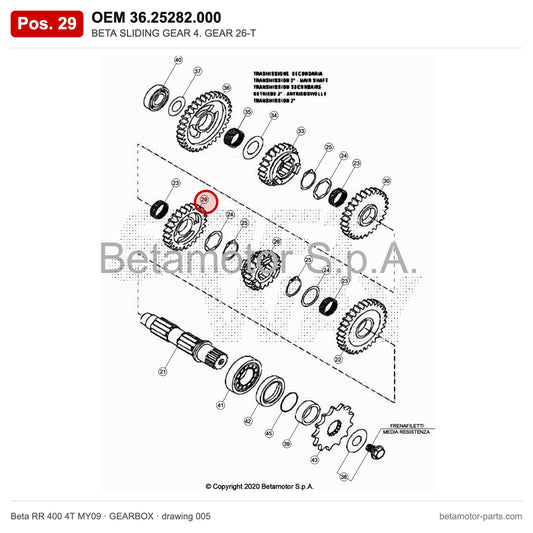 BETA SLIDING GEAR 4. GEAR 26-T – OEM 36.25282.000, position 29 on the Beta RR 400 4T MY09 gearbox drawing