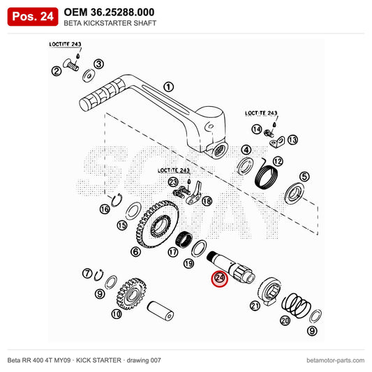 BETA KICKSTARTER SHAFT – OEM 36.25288.000, position 24 on the Beta RR 400 4T MY09 kick starter drawing