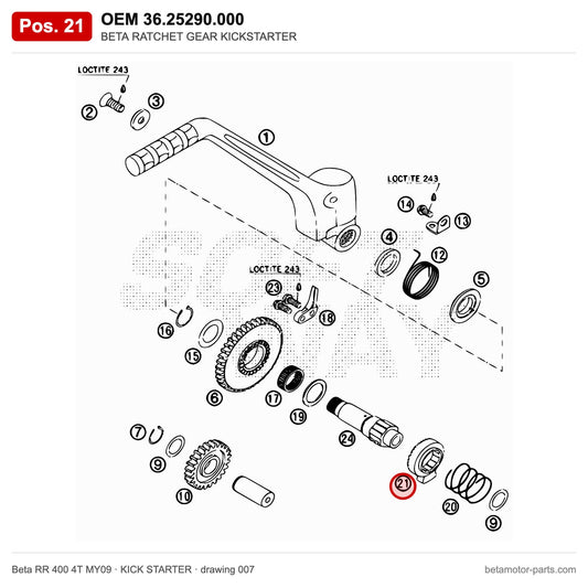 BETA RATCHET GEAR KICKSTARTER – OEM 36.25290.000, position 21 on the Beta RR 400 4T MY09 kick starter drawing