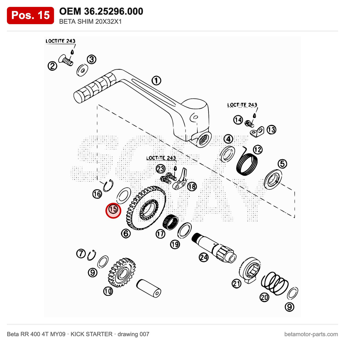 BETA SHIM 20X32X1 – OEM 36.25296.000, position 15 on the Beta RR 400 4T MY09 kick starter drawing