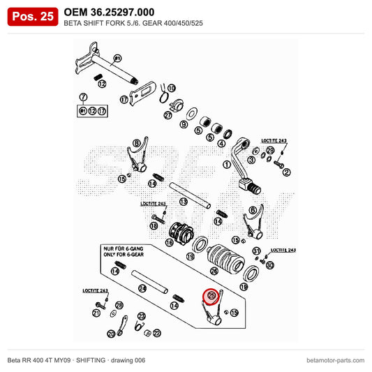 BETA SHIFT FORK 5./6. GEAR 400/450/525 – OEM 36.25297.000, position 25 on the Beta RR 400 4T MY09 shifting drawing