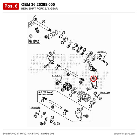 BETA SHIFT FORK 2./4. GEAR – OEM 36.25298.000, position 6 on the Beta RR 400 4T MY09 shifting drawing