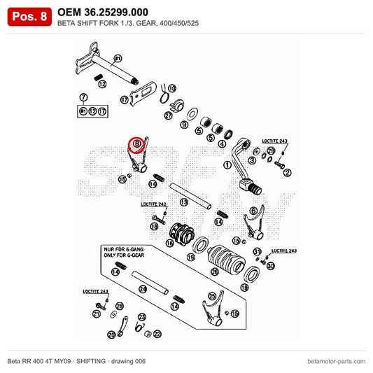 BETA SHIFT FORK 1./3. GEAR, 400/450/525 – OEM 36.25299.000, position 8 on the Beta RR 400 4T MY09 shifting drawing