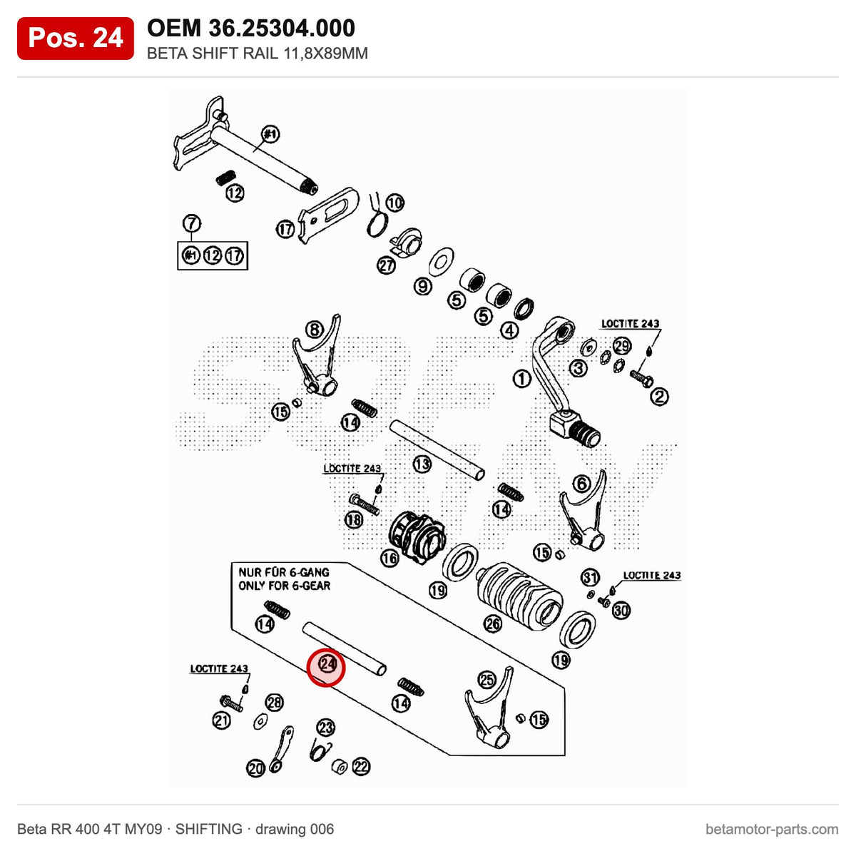 BETA SHIFT RAIL 11,8X89MM – OEM 36.25304.000, position 24 on the Beta RR 400 4T MY09 shifting drawing