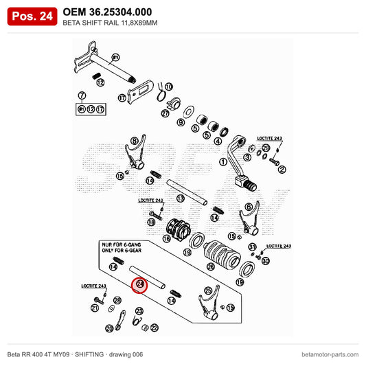 BETA SHIFT RAIL 11,8X89MM – OEM 36.25304.000, position 24 on the Beta RR 400 4T MY09 shifting drawing