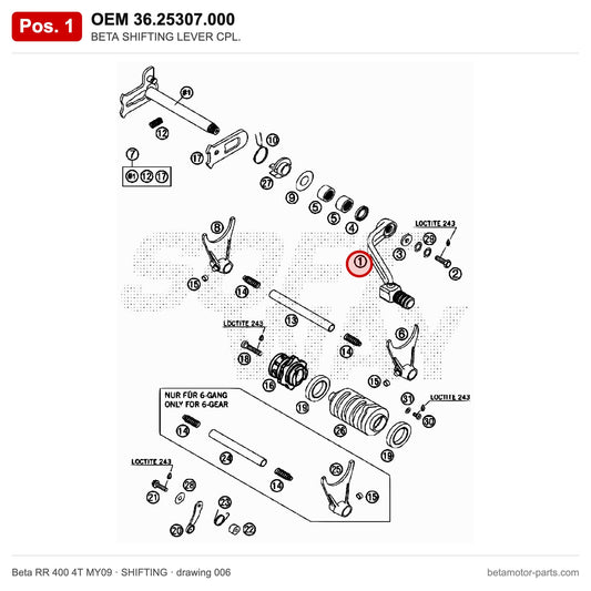 BETA SHIFTING LEVER CPL. – OEM 36.25307.000, position 1 on the Beta RR 400 4T MY09 shifting drawing