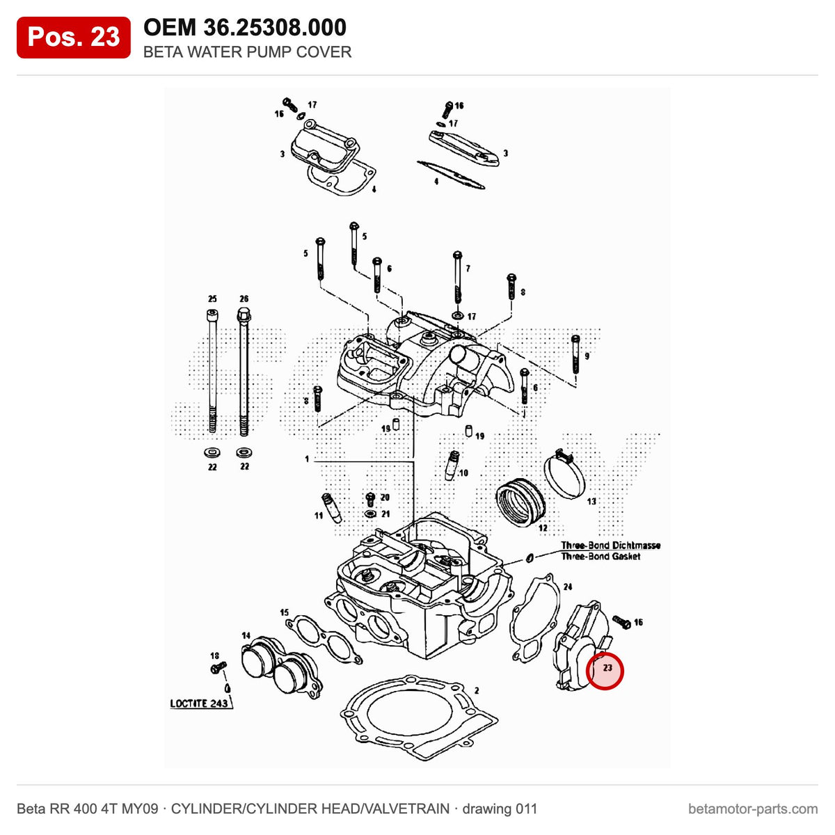 BETA WATER PUMP COVER – OEM 36.25308.000, position 23 on the Beta RR 400 4T MY09 cylinder/cylinder head/valvetrain drawing