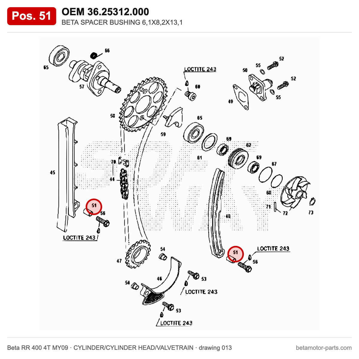 BETA SPACER BUSHING 6,1X8,2X13,1 – OEM 36.25312.000, position 51 on the Beta RR 400 4T MY09 cylinder/cylinder head/valvetrain drawing