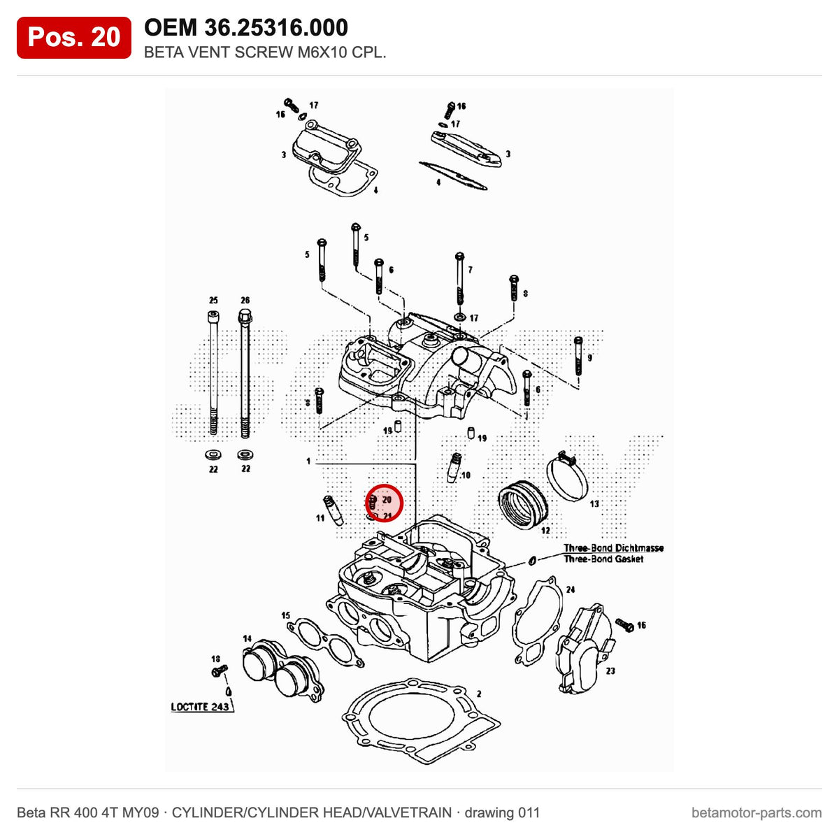 BETA VENT SCREW M6X10 CPL. – OEM 36.25316.000, position 20 on the Beta RR 400 4T MY09 cylinder/cylinder head/valvetrain drawing