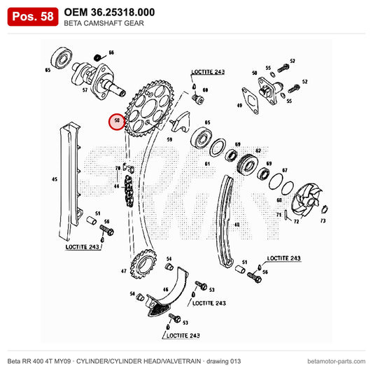 BETA CAMSHAFT GEAR – OEM 36.25318.000, position 58 on the Beta RR 400 4T MY09 cylinder/cylinder head/valvetrain drawing