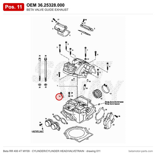 BETA VALVE GUIDE EXHAUST – OEM 36.25328.000, position 11 on the Beta RR 400 4T MY09 cylinder/cylinder head/valvetrain drawing