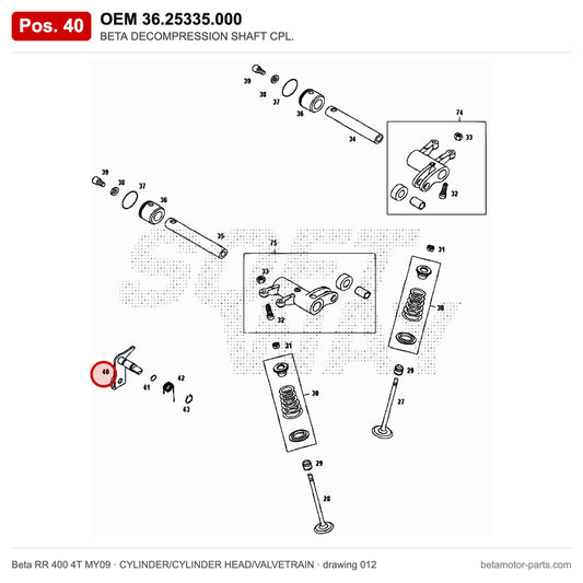 BETA DECOMPRESSION SHAFT CPL. – OEM 36.25335.000, position 40 on the Beta RR 400 4T MY09 cylinder/cylinder head/valvetrain drawing