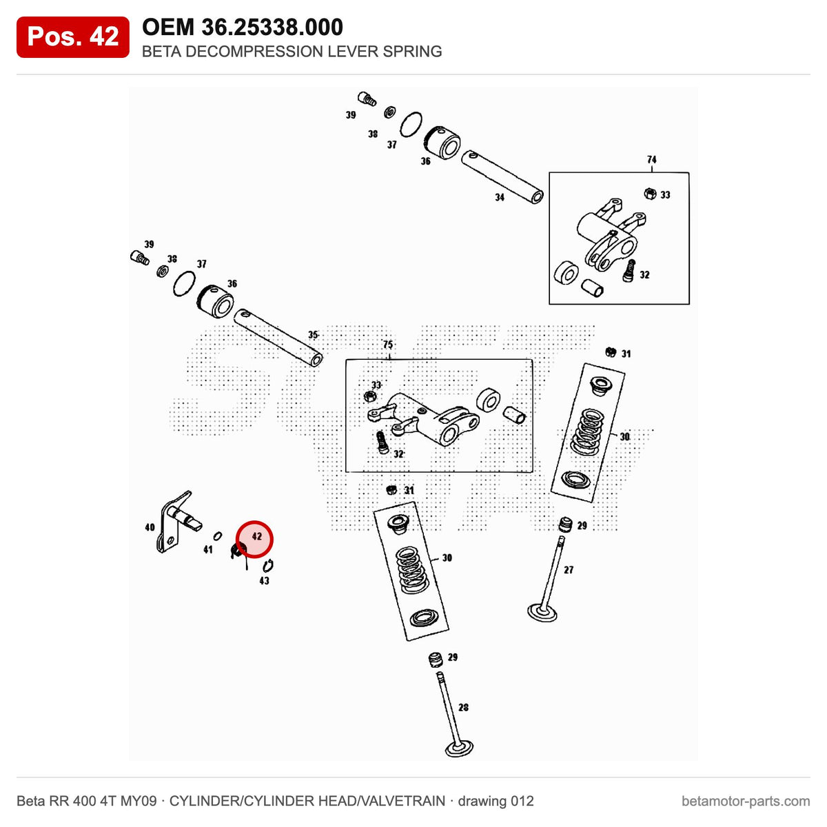 BETA DECOMPRESSION LEVER SPRING – OEM 36.25338.000, position 42 on the Beta RR 400 4T MY09 cylinder/cylinder head/valvetrain drawing