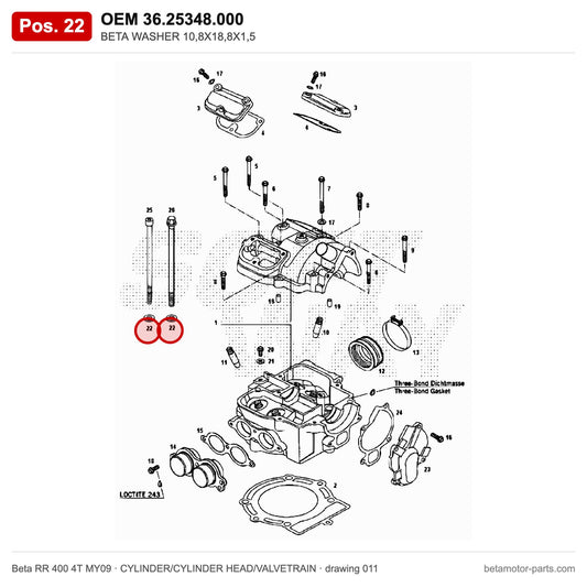 BETA WASHER 10,8X18,8X1,5 – OEM 36.25348.000, position 22 on the Beta RR 400 4T MY09 cylinder/cylinder head/valvetrain drawing