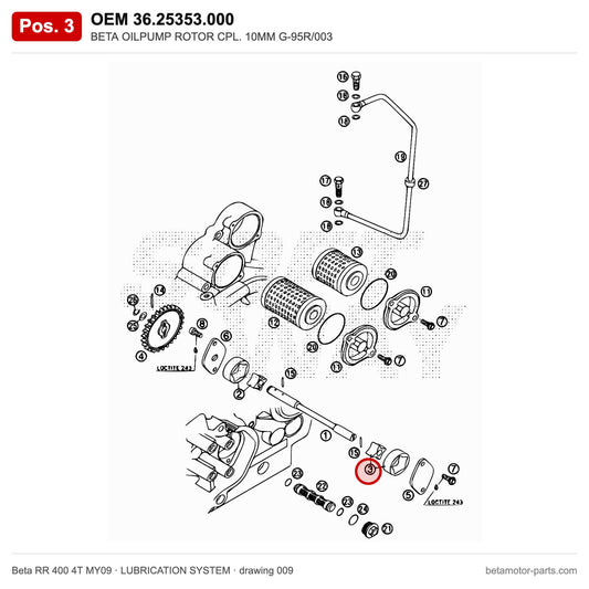 BETA OILPUMP ROTOR CPL. 10MM G-95R/003 – OEM 36.25353.000, position 3 on the Beta RR 400 4T MY09 lubrication system drawing
