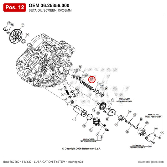BETA OIL SCREEN 15X38MM – OEM 36.25356.000, position 12 on the Beta RX 250 4T MY27 lubrication system drawing