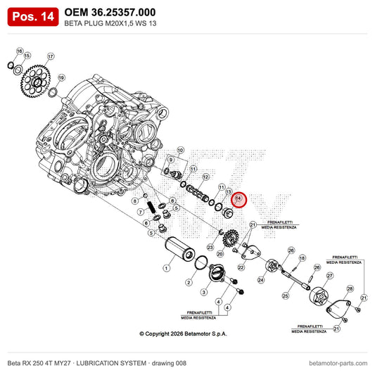 BETA PLUG M20X1,5 WS 13 – OEM 36.25357.000, position 14 on the Beta RX 250 4T MY27 lubrication system drawing