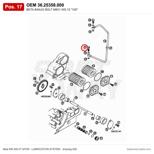 BETA BANJO BOLT M8X1 WS.12 "100" – OEM 36.25358.000, position 17 on the Beta RR 400 4T MY09 lubrication system drawing