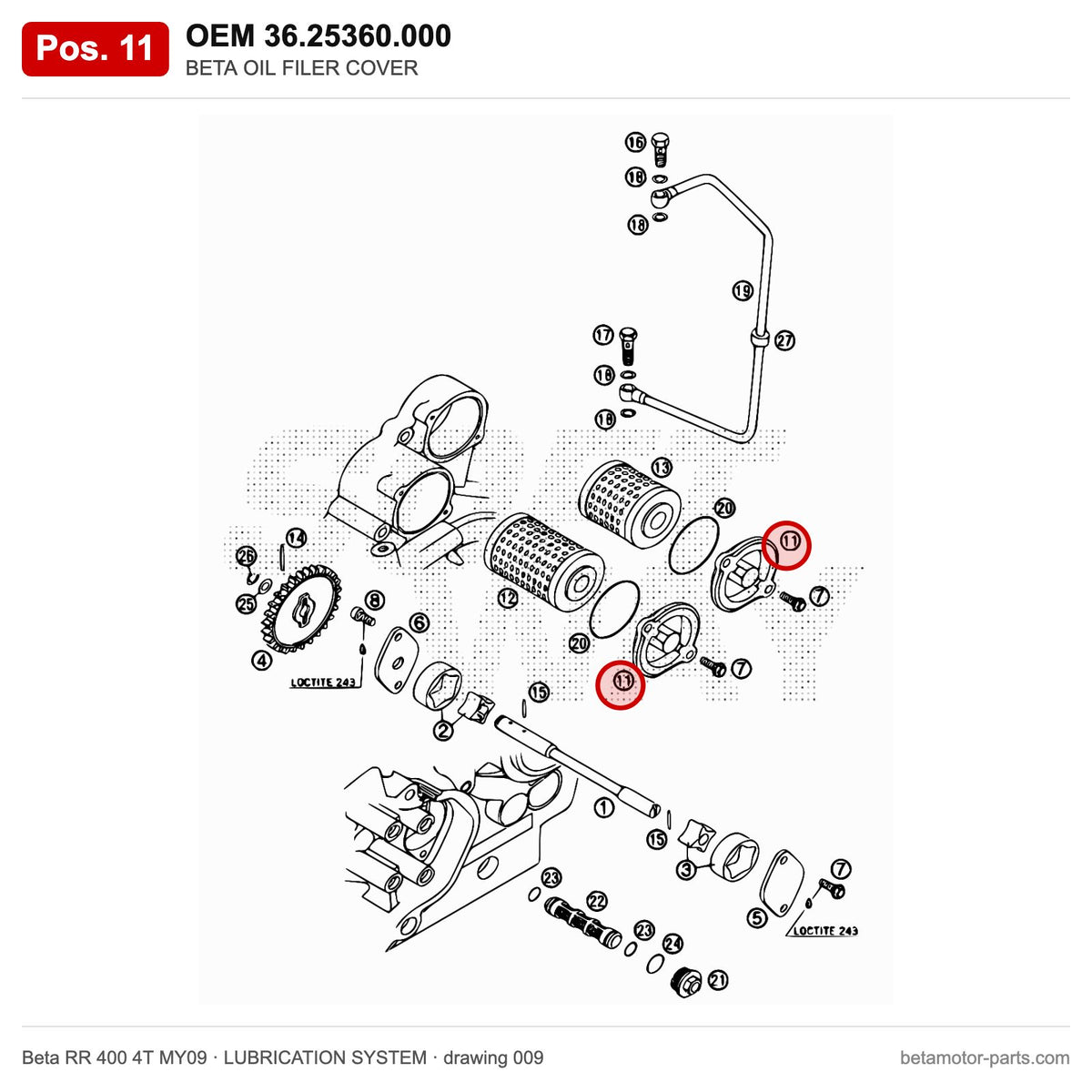 BETA OIL FILER COVER – OEM 36.25360.000, position 11 on the Beta RR 400 4T MY09 lubrication system drawing
