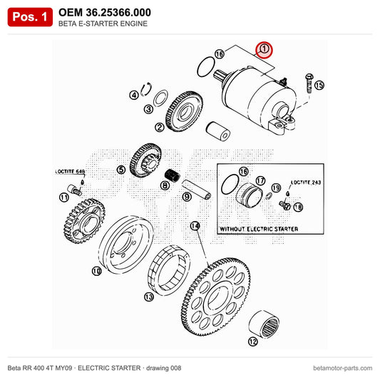 BETA E-STARTER ENGINE – OEM 36.25366.000, position 1 on the Beta RR 400 4T MY09 elettricstarter drawing