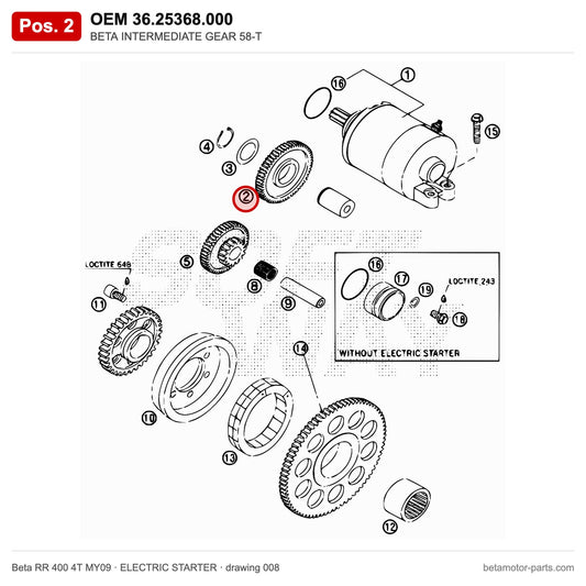 BETA INTERMEDIATE GEAR 58-T – OEM 36.25368.000, position 2 on the Beta RR 400 4T MY09 elettricstarter drawing