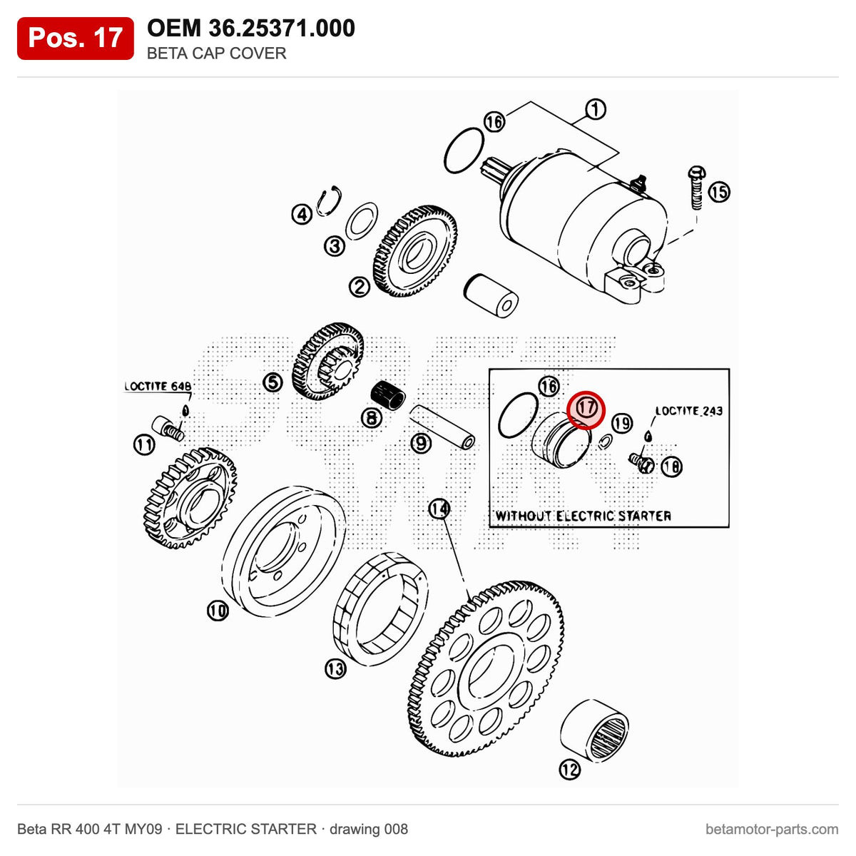 BETA CAP COVER – OEM 36.25371.000, position 17 on the Beta RR 400 4T MY09 elettricstarter drawing