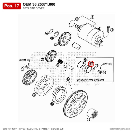 BETA CAP COVER – OEM 36.25371.000, position 17 on the Beta RR 400 4T MY09 elettricstarter drawing