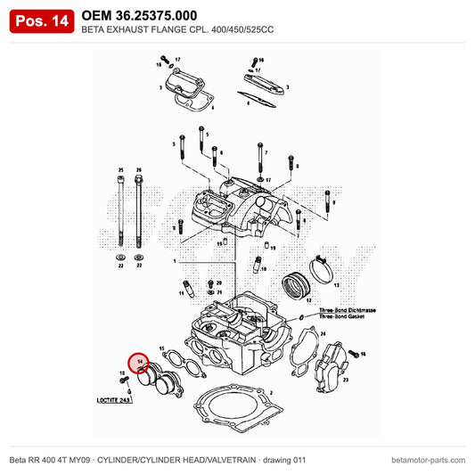BETA EXHAUST FLANGE CPL. 400/450/525CC – OEM 36.25375.000, position 14 on the Beta RR 400 4T MY09 cylinder/cylinder head/valvetrain drawing