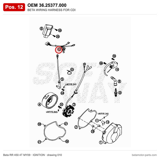 BETA WIRING HARNESS FOR CDI – OEM 36.25377.000, position 12 on the Beta RR 450 4T MY09 ignition drawing