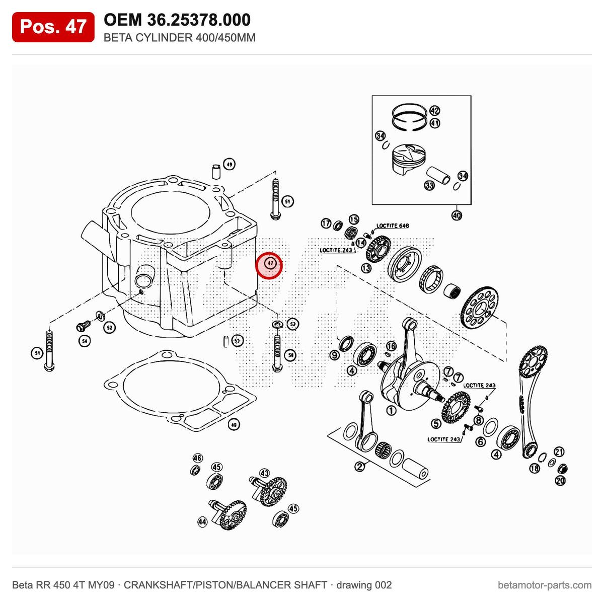 BETA CYLINDER 400/450MM – OEM 36.25378.000, position 47 on the Beta RR 450 4T MY09 crankshaft/piston/balancer shaft drawing