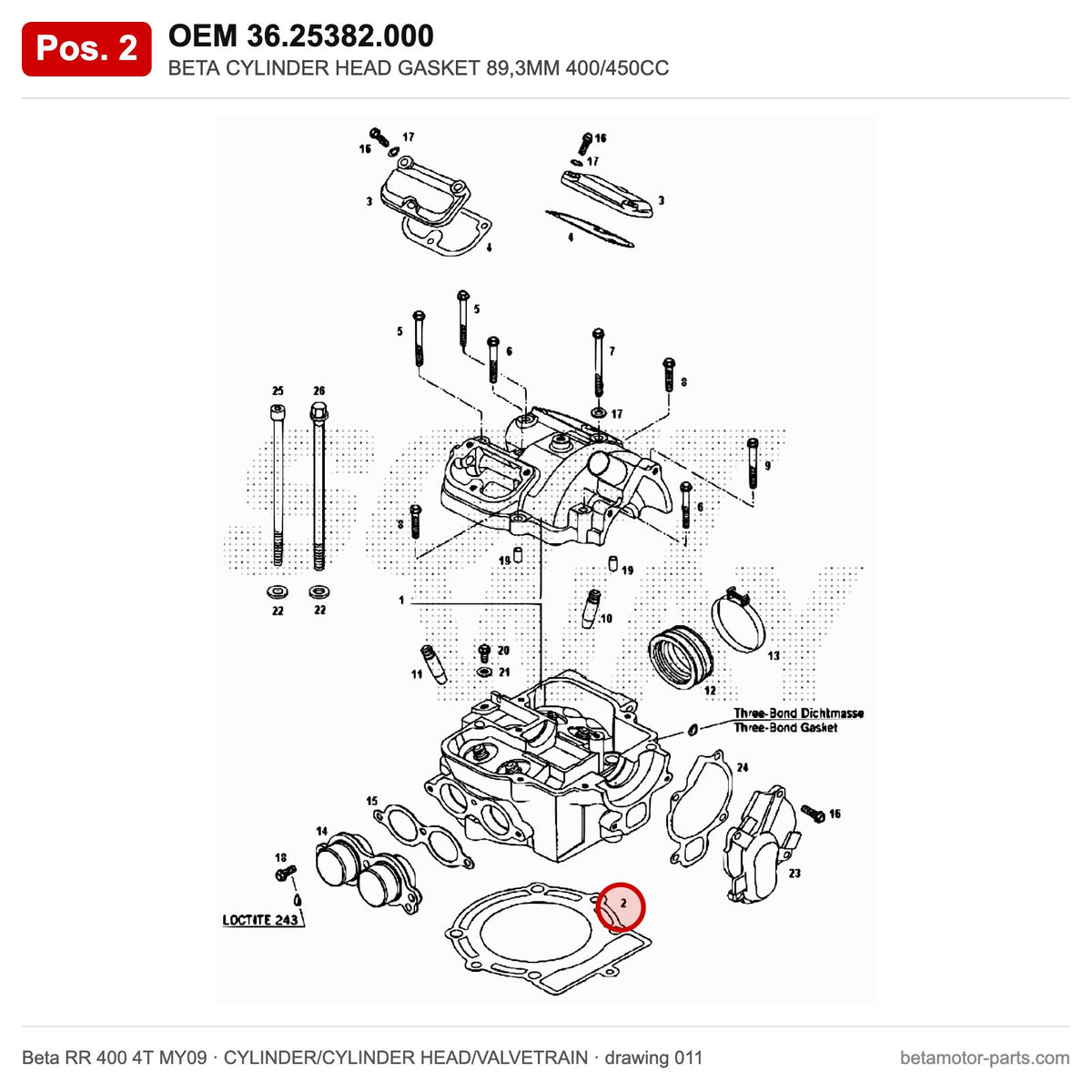 BETA CYLINDER HEAD GASKET 89,3MM 400/450CC – OEM 36.25382.000, position 2 on the Beta RR 400 4T MY09 cylinder/cylinder head/valvetrain drawing
