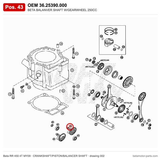 BETA BALANVER SHAFT W/GEARWHEEL 250CC – OEM 36.25390.000, position 43 on the Beta RR 450 4T MY09 crankshaft/piston/balancer shaft drawing