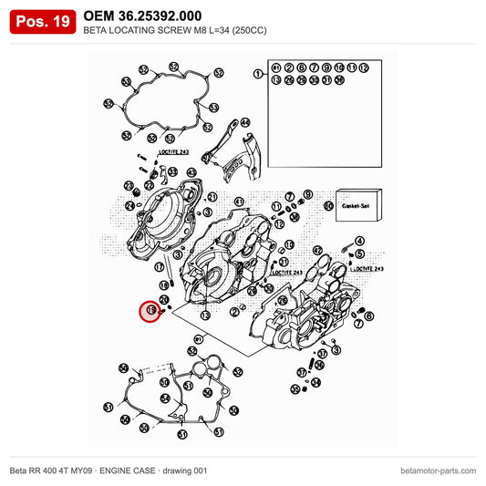 BETA LOCATING SCREW M8 L=34 (250CC) – OEM 36.25392.000, position 19 on the Beta RR 400 4T MY09 engine case drawing