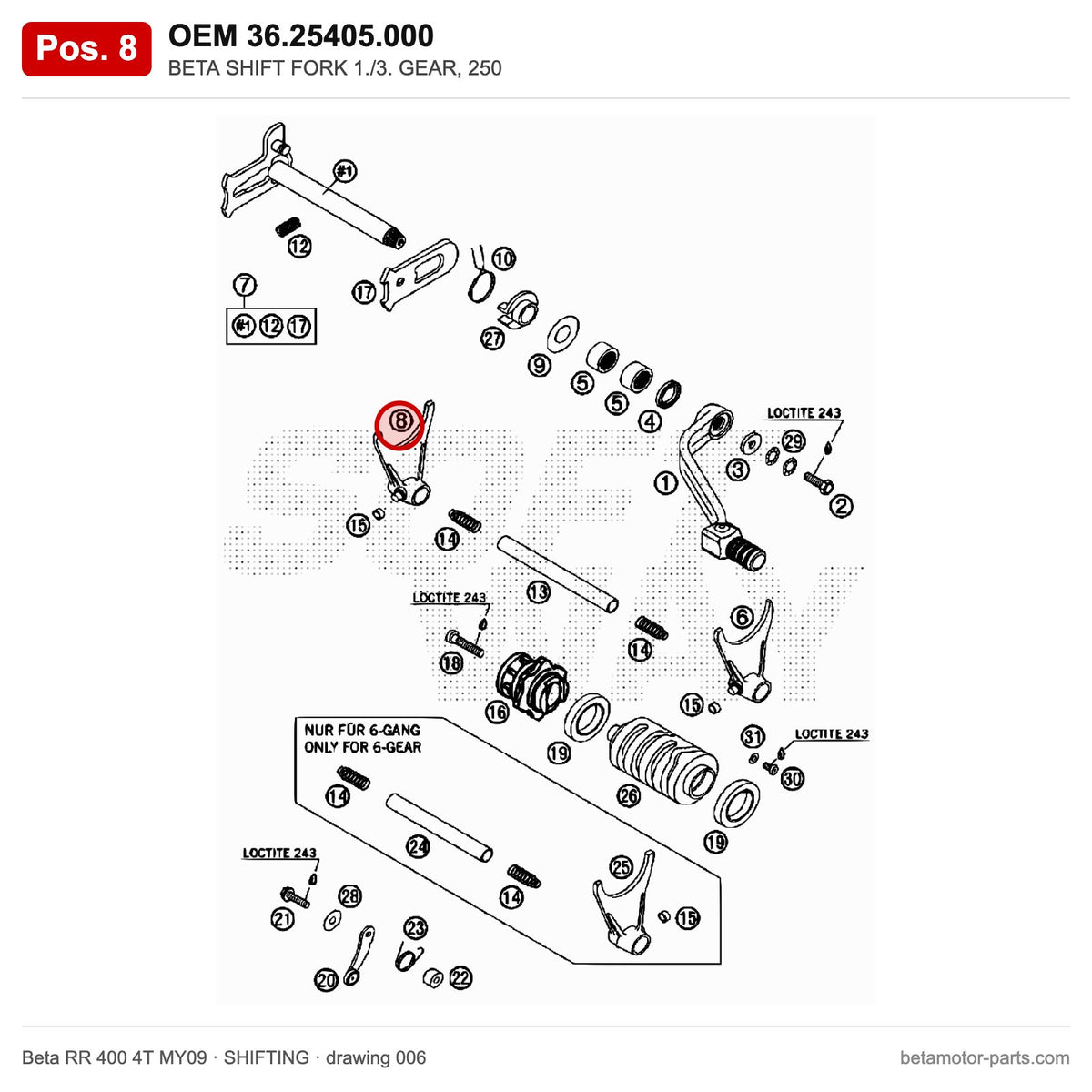 BETA SHIFT FORK 1./3. GEAR, 250 – OEM 36.25405.000, position 8 on the Beta RR 400 4T MY09 shifting drawing