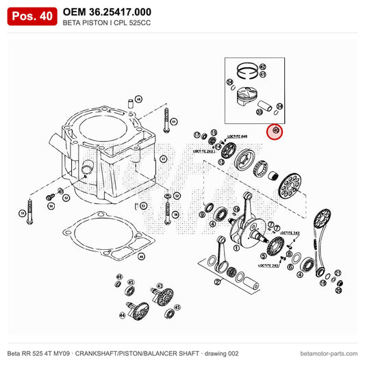 BETA PISTON I CPL 525CC – OEM 36.25417.000, position 40 on the Beta RR 525 4T MY09 crankshaft/piston/balancer shaft drawing