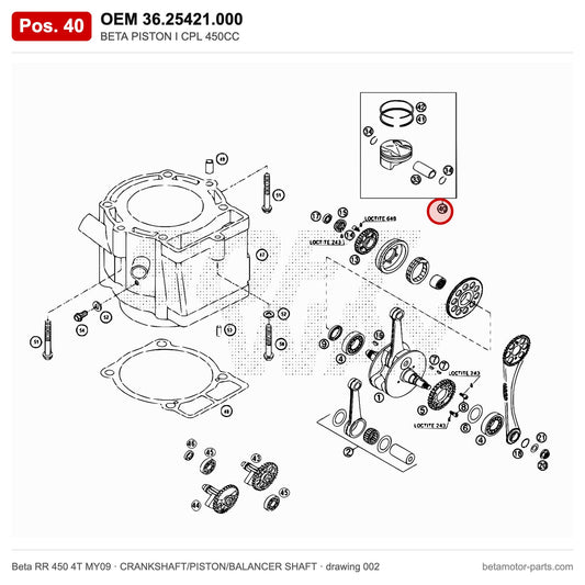 BETA PISTON I CPL 450CC – OEM 36.25421.000, position 40 on the Beta RR 450 4T MY09 crankshaft/piston/balancer shaft drawing