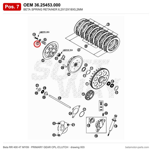 BETA SPRING RETAINER 6,2X12X18X5,2MM – OEM 36.25453.000, position 7 on the Beta RR 400 4T MY09 primary gear cpl./clutch drawing