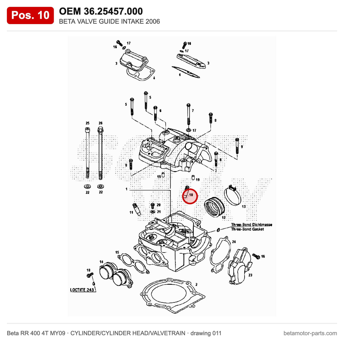 BETA VALVE GUIDE INTAKE 2006 – OEM 36.25457.000, position 10 on the Beta RR 400 4T MY09 cylinder/cylinder head/valvetrain drawing