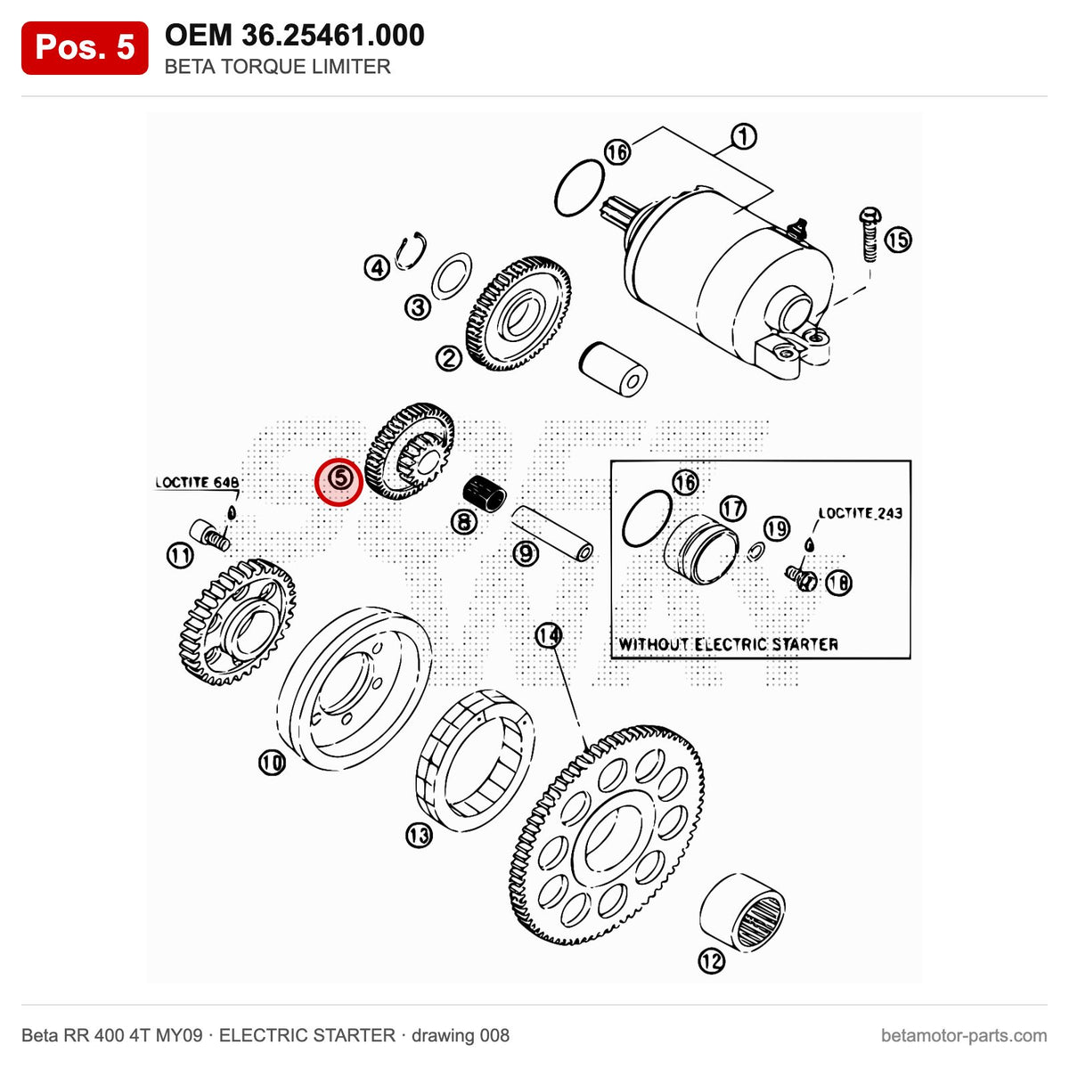 BETA TORQUE LIMITER – OEM 36.25461.000, position 5 on the Beta RR 400 4T MY09 elettricstarter drawing