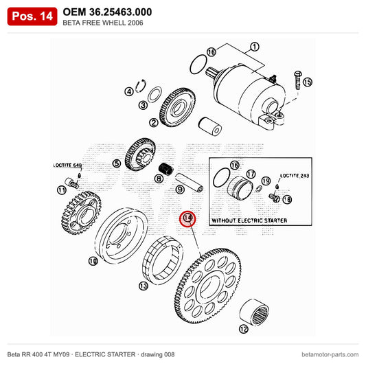 BETA FREE WHELL 2006 – OEM 36.25463.000, position 14 on the Beta RR 400 4T MY09 elettricstarter drawing