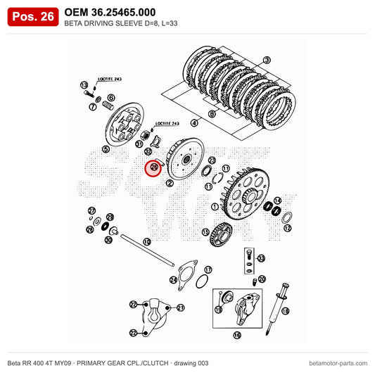 BETA DRIVING SLEEVE D=8, L=33 – OEM 36.25465.000, position 26 on the Beta RR 400 4T MY09 primary gear cpl./clutch drawing